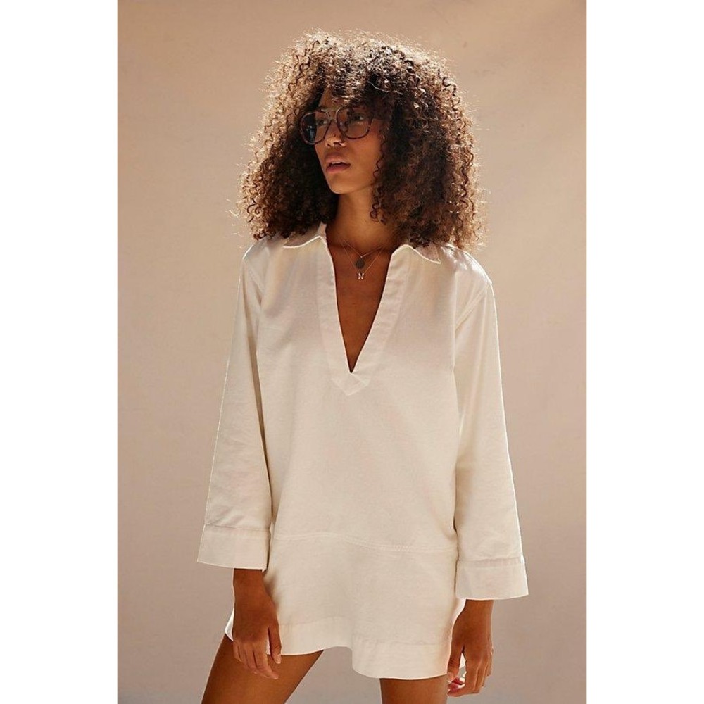 Free People XS TP White Cotton V Neck Long Sleeve Tunic Shirt Top Made‎ in India
